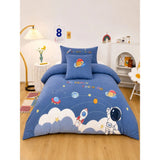 4 pcs Space theme, Luxe Embroidered collection of Single bed comforter, 1 flat bedsheet, 2 pillow covers entire Bedding Set for Single Size Bed.