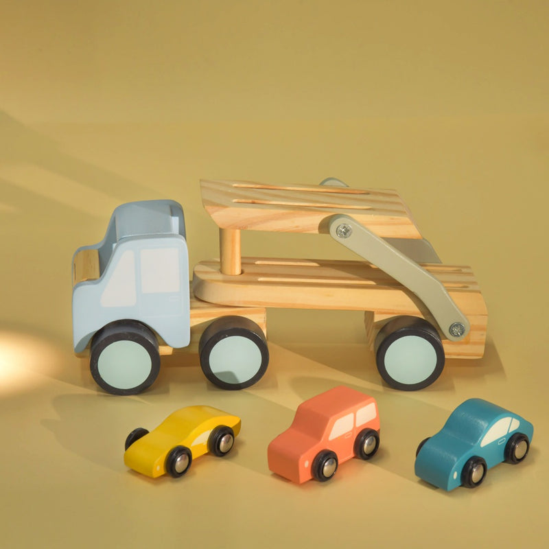 Car Carrier Truck and Cars Wooden Toy Set with 1 Carrier Truck and 3 Cars (Set of 1)