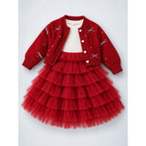 Red Pearl & Silver Bow Cardigan & White-Red Ruffle Frock, Winterwear 2 Pcs Set for Girls