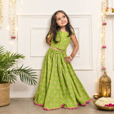 Girls Lehenga Set- Green Bandhani