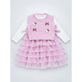 Pink Kitty Knitted Vest & White-Pink Ruffle Frock Winterwear 2 Pcs Set for Girls
