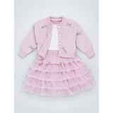 Pink Pearl & Silver Bow Cardigan & White-Pink Ruffle Frock, Winterwear 2 Pcs Set for Girls