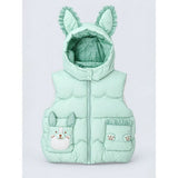 Green Bunny-Themed Quilted Hooded Sleeveless Winter Jacket for Kids