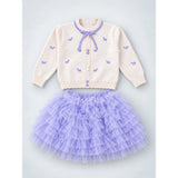 Ivory Horse Sweater & Purple Ruffle Skirt with Detachable Bow Clip, Winterwear 2 Pcs Set for Girls