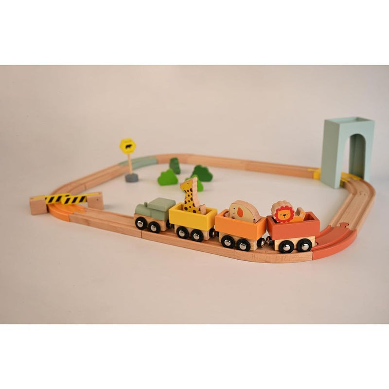 Playbox Wooden Wild Track Train Playset Vehicle with Magnetic Train Engine - Wooden Toy Playset for Toddler & Kids Baby Toys