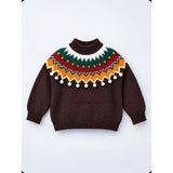 Brown Multi Color Pompom Winter Cardigan Sweater for Kids