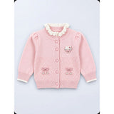 Peach Ruffle Neck Cat Bow Knitted Winter Cardigan Sweater for Girls