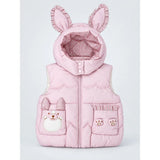 Peach Bunny-Themed Quilted Hooded Sleeveless Winter Jacket for Kids