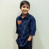 Superhero Icon and Cracks Embroidered Shirt - Navy