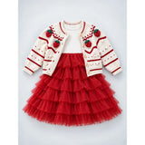 White Strawberry Cardigan & White-Red Ruffle Frock, Winterwear 2 Pcs Set for Girls