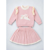 Peach Bunny Sweater & Pleated Skirt, Winterwear 2 Pcs Set for Girls
