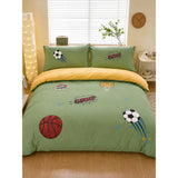 4 pcs Olive Sports Goal theme, Luxe Embroidered collection of Double Bed Comforter, flat bedsheet, 2 pillow covers Bedding Set for King Size Bed.
