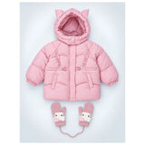 Pink Cat Glitter Quilted Hooded Winter Jacket with Mittens for Kids