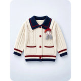 Dusty Beige Cable-Knit Sailor Collar Winter Cardigan Sweater with Detachable Doll Clip for Girls