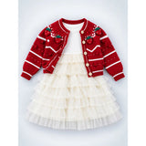 Red Strawberry Cardigan & White-Ivory Ruffle Frock, Winterwear 2 Pcs Set for Girls