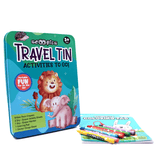 Travel Activity Tin – Activities to Go | Mess-Free Travel Fun | Reusable Sheets & Coloring Pad | Compact & Portable | Screen-Free Creativity On-the-Go