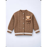 Brown Cable-Knit Winter Cardigan Sweater with Detachable Teddy Clip for Kids
