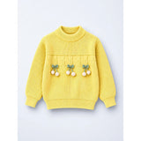 Yellow Bow & Pom-Pom Knitted Winter Cardigan Sweater for Girls