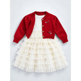 Red 3D Bow Cardigan & White-Ivory Ruffle Frock, Winterwear 2 Pcs Set for Girls