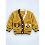 Olive Yellow V-Neck Puppy Pocket V Neck Winter Cardigan Sweater for Kids