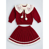 Maroon Ruffle-Collar Sweater & Pleated Skirt with Bow Pom-Pom Clip, Winterwear 2 Pcs Set for Girls