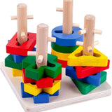 Colorful wooden shape sorter toy on a white background