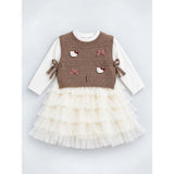 Brown Kitty Knitted Vest & White-Ivory Ruffle Frock Winterwear 2 Pcs Set for Girls