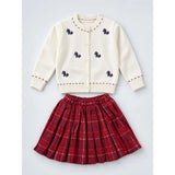 Ivory Horse Cardigan & Maroon Checked Skirt, Winterwear, 2 Pcs Set for Girls