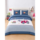4 pcs Red Tractor theme, Luxe Embroidered collection of Double Bed Comforter, flat bedsheet, 2 pillow covers entire Bedding Set for King Size Bed.