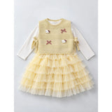 Light Green Kitty Knitted Vest & White-Yellow Ruffle Frock Winterwear 2 Pcs Set for Girls