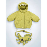 Olive Green Dino-Themed Quilted Hooded Winter Jacket for Kids