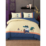 4 pcs Skateboard Croc Tropical theme, Luxe Embroidered collection of Double Bed Comforter, flat bedsheet, 2 pillow covers Bedding Set for King Size Bed.