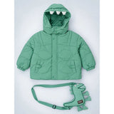 Mint Green Dino-Themed Quilted Hooded Winter Jacket for Kids