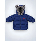 Navy Blue Bear-Ear Faux-Fur Hooded Quilted Winter Jacket for Kids