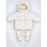 Ivory Cat Glitter Quilted Hooded Winter Jacket with Mittens for Kids