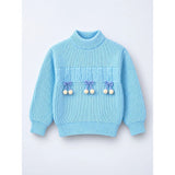 Blue Bow & Pom-Pom Knitted Winter Cardigan Sweater for Girls