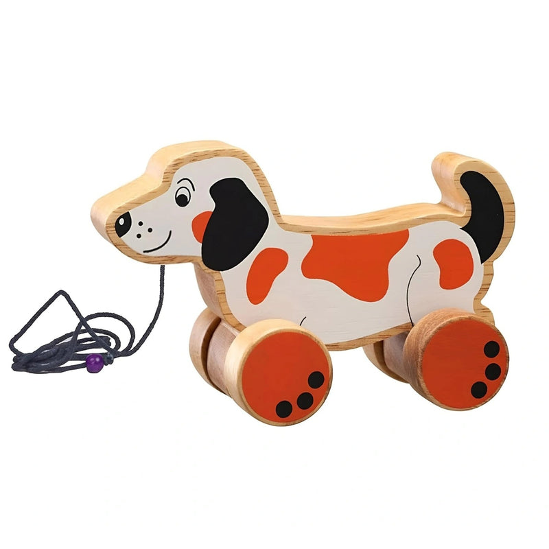Channapatna handmade wooden pull along dog toy for toddlers — premium pull toy made from Wrightia tinctoria wood by Karnataka artisans, non-toxic colours, age 12 months and above, India