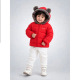 Red Bear-Ear Faux-Fur Hooded Quilted Winter Jacket for Kids