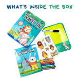 Travel Activity Tin – Activities to Go | Mess-Free Travel Fun | Reusable Sheets & Coloring Pad | Compact & Portable | Screen-Free Creativity On-the-Go