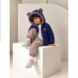 Navy Blue Bear-Ear Faux-Fur Hooded Quilted Winter Jacket for Kids