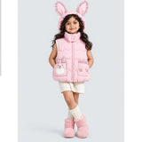 Peach Bunny-Themed Quilted Hooded Sleeveless Winter Jacket for Kids