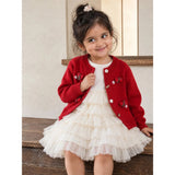 Red 3D Bow Cardigan & White-Ivory Ruffle Frock, Winterwear 2 Pcs Set for Girls