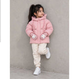 Pink Cat Glitter Quilted Hooded Winter Jacket with Mittens for Kids