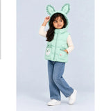 Green Bunny-Themed Quilted Hooded Sleeveless Winter Jacket for Kids