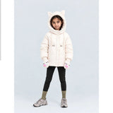 Ivory Cat Glitter Quilted Hooded Winter Jacket with Mittens for Kids