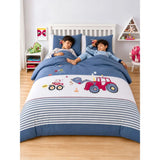 4 pcs Red Tractor theme, Luxe Embroidered collection of Double Bed Comforter, flat bedsheet, 2 pillow covers entire Bedding Set for King Size Bed.