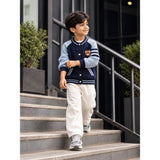 Navy Blue & Grey Bear Varsity-Style Winter Cardigan Sweater for Kids