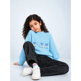 Blue Bow & Pom-Pom Knitted Winter Cardigan Sweater for Girls