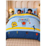 4 pcs Basket Ball Theme Luxe Embroidered collection of Double bed comforter, 1 flat bedsheet, 2 pillow covers entire Kids Bedding Set for King Size Bed.