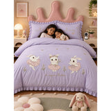 4 pcs Tutu Skirt Dance Rabbit theme, Luxe Embroidered collection of Double Bed Comforter, flat bedsheet, 2 pillow covers entire Bedding Set for King Size Bed.